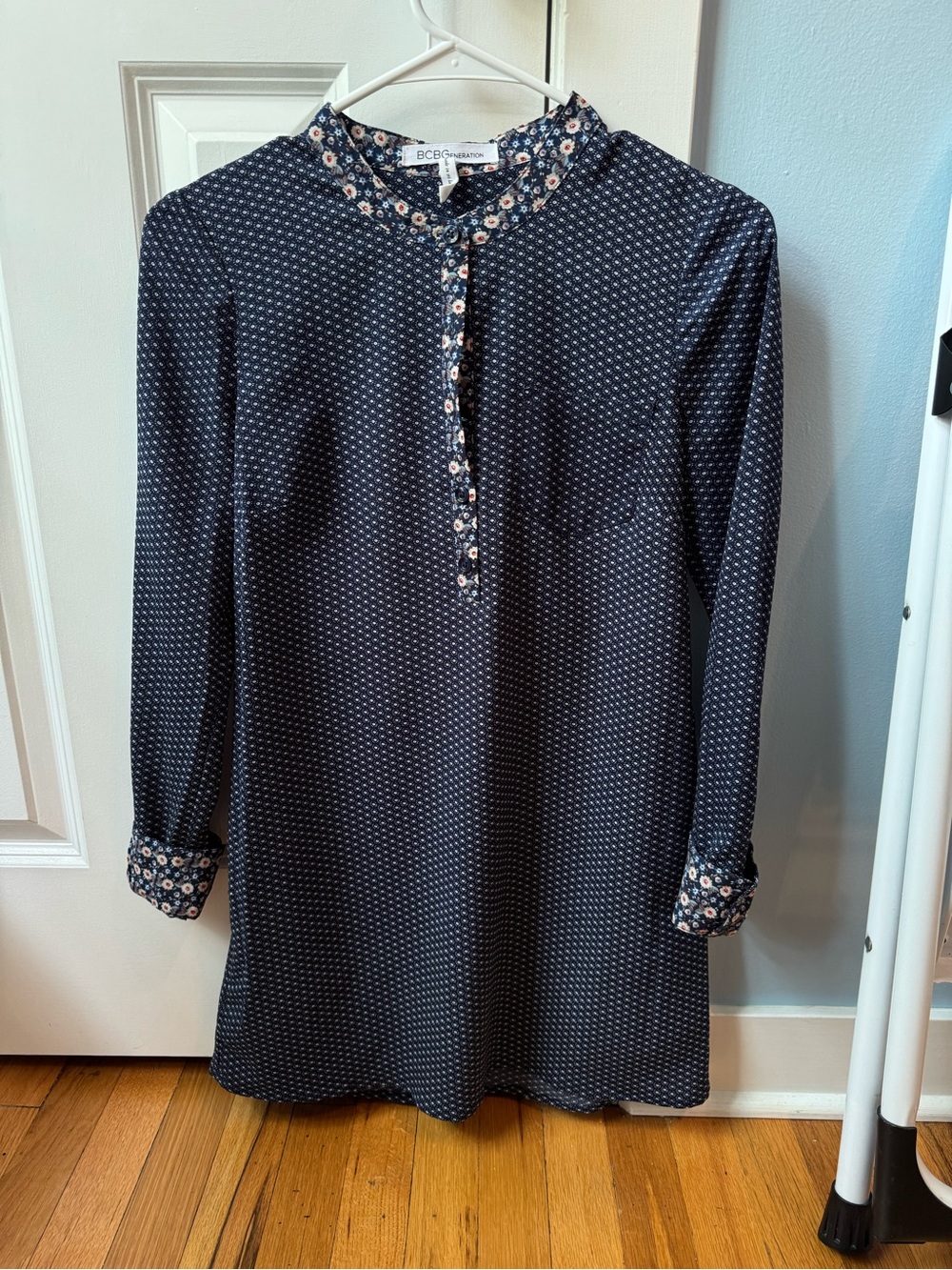 BCBGeneration Navy Long-Sleeve Tunic Dress with Floral Trim